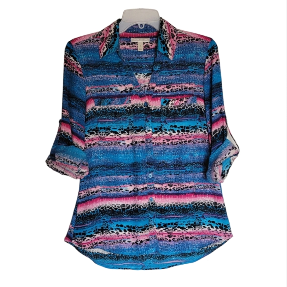Dana Buchman Blue and Pink Snakeskin Design 3/4 Sleeve Button Up Blouse